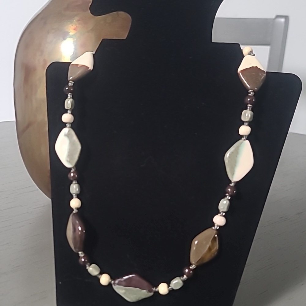 Neutral Brown and Cream Ceramic Beaded Women's Necklace - Picture 2 of 6